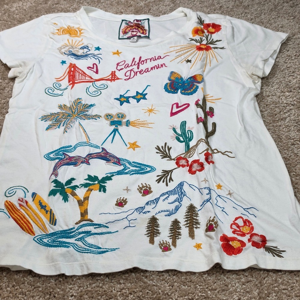Johnny Was T-Shirt California Dreamin Embroidered Cotton Boho White Size XS - Picture 4 of 9